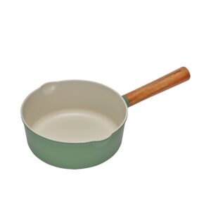 dr.hows omiza 8" nonstick ceramic pfoa, pfos-free coated sauce pan, dual spouted 2 quart medium saucepan, wooden handle, for gas, electric, halogen, induction stove (green)