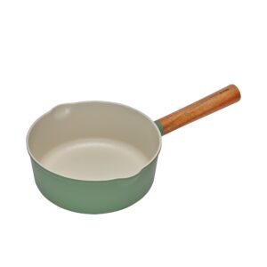 Dr.HOWS OMIZA 8" Nonstick Ceramic PFOA, PFOS-free Coated Sauce Pan, Dual Spouted 2 Quart Medium Saucepan, Wooden Handle, For Gas, Electric, Halogen, Induction stove (Green)