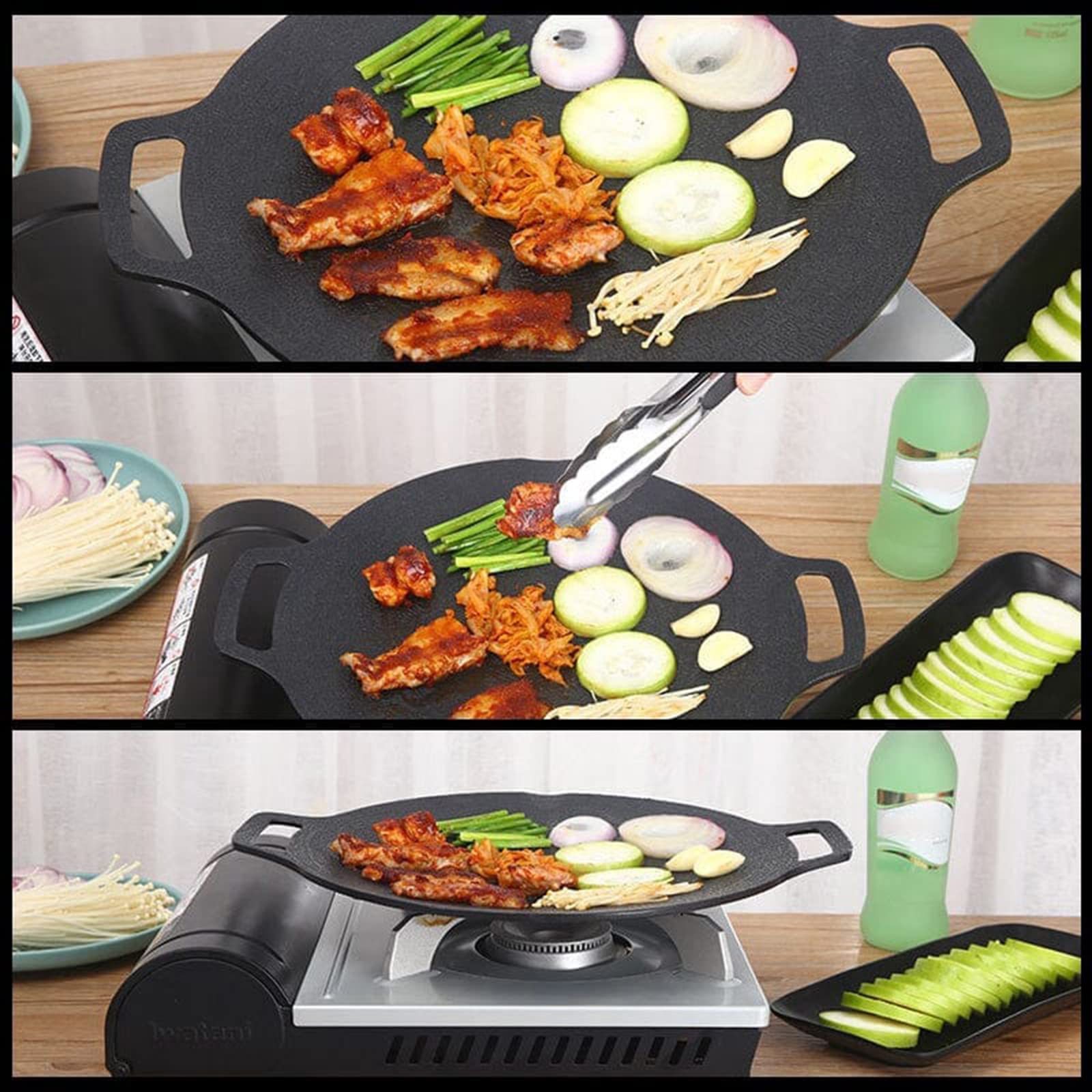 Korean Non-stick Round Baking Pan, 8 in 1 Korean BBQ Grill Pan,Non-stick Granite Coating,Round Griddle Pan, for Both Home and Outdoor stoves Grilling, Frying, Sauteing (12 inches)