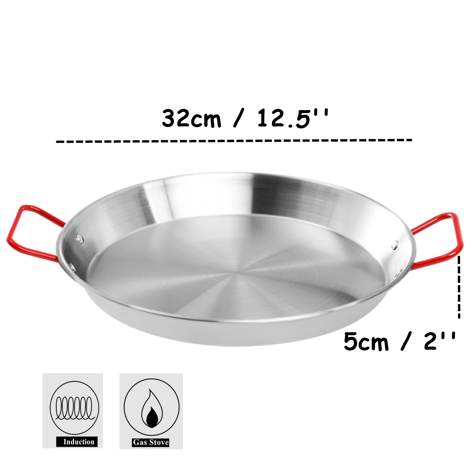 Lyellfe 2 Pack Stainless Steel Paella Pan, 12-1/2 Inch Paella Pan with Double Handles, Nonstick Flying Pans for Camping and Gathering, Oven and Induction Safe, 32cm