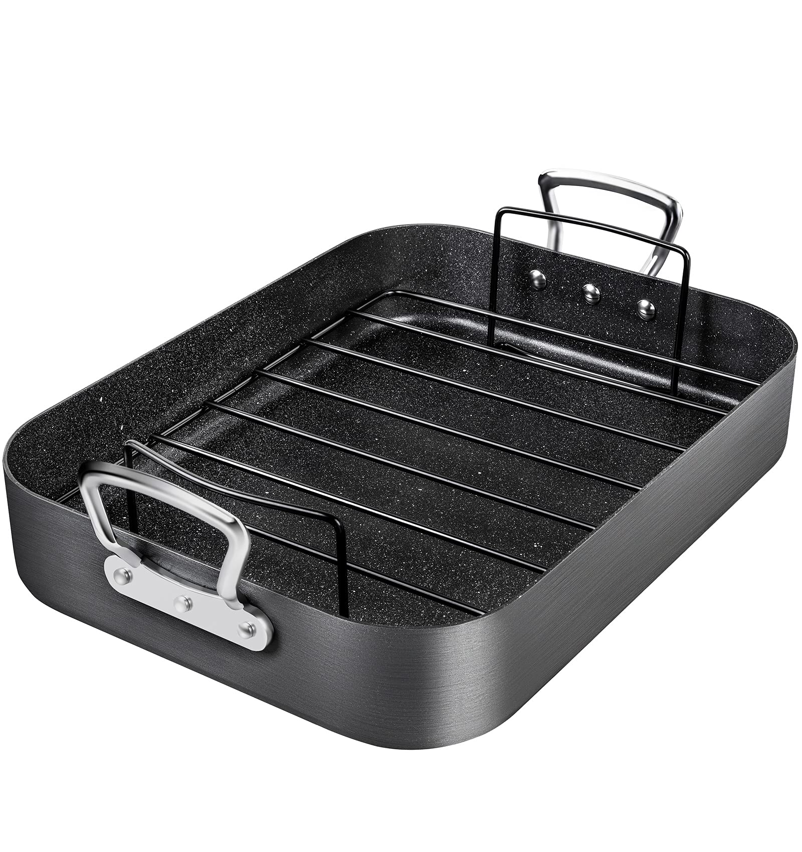 MICHELANGELO Roasting Pan with Rack, Hard Anodized Turkey Roaster Pan, Large Turkey Roasting Pan for Oven, Nonstick Rectangular Roaster Pan with Rack, 16 Inch x 12 Inch