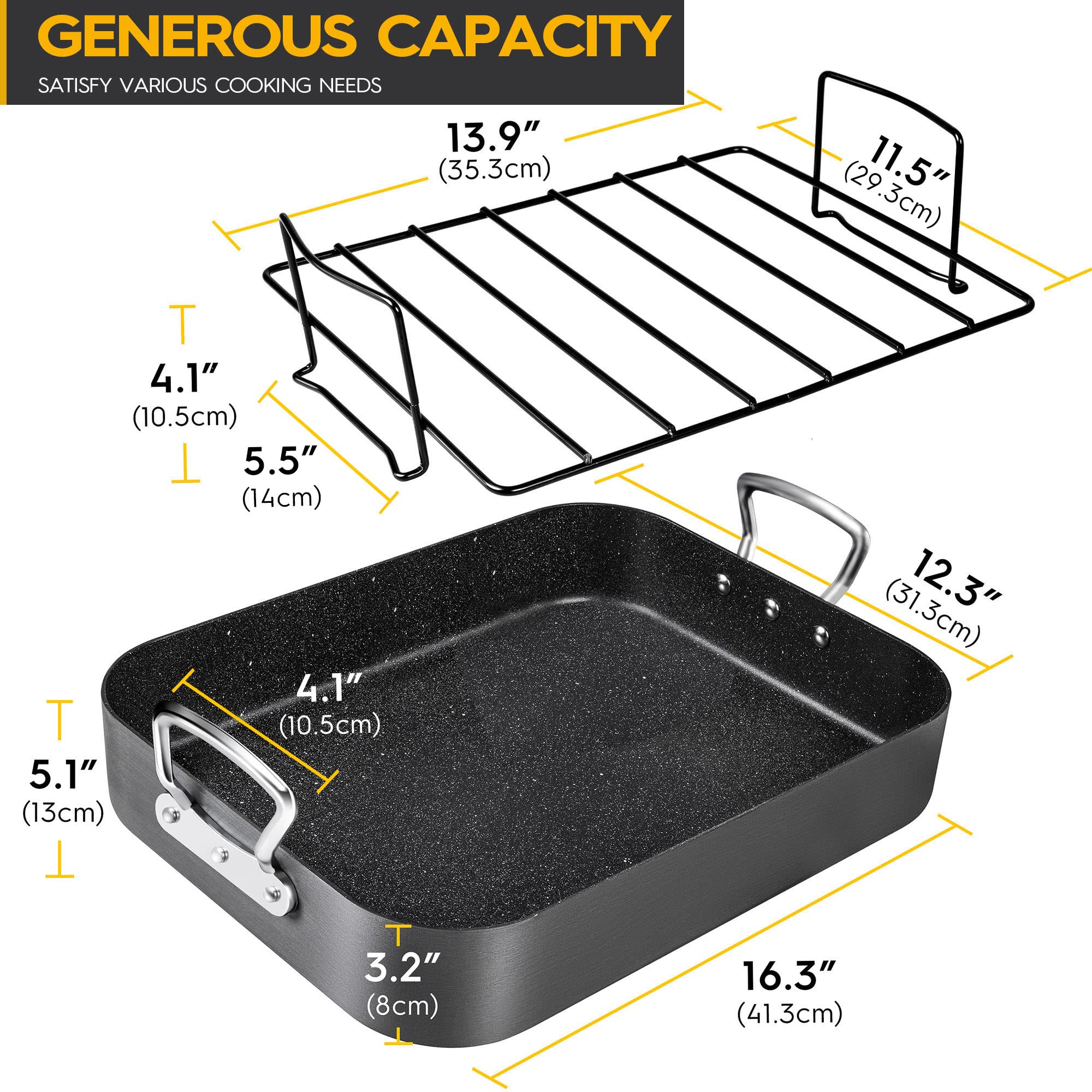 MICHELANGELO Roasting Pan with Rack, Hard Anodized Turkey Roaster Pan, Large Turkey Roasting Pan for Oven, Nonstick Rectangular Roaster Pan with Rack, 16 Inch x 12 Inch