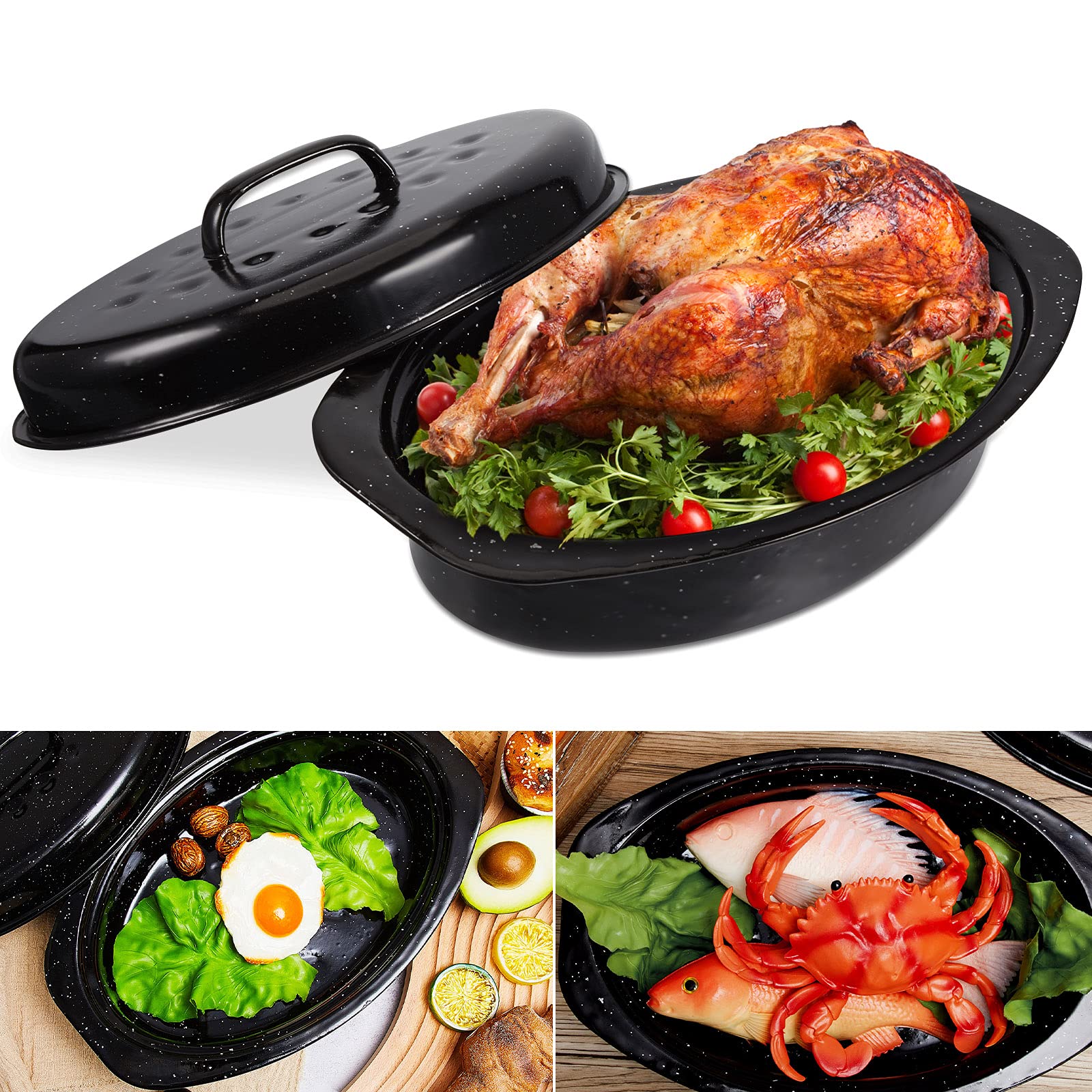 Laedau Granite Roaster Pan 13 Inch Multi Use Oval Roaster with Lid Small Granite Roaster Pot for Turkey, Small Chicken, Roast Baking Pan, Black Speckled Enamel Cookware, Roast 7 Lb Birds