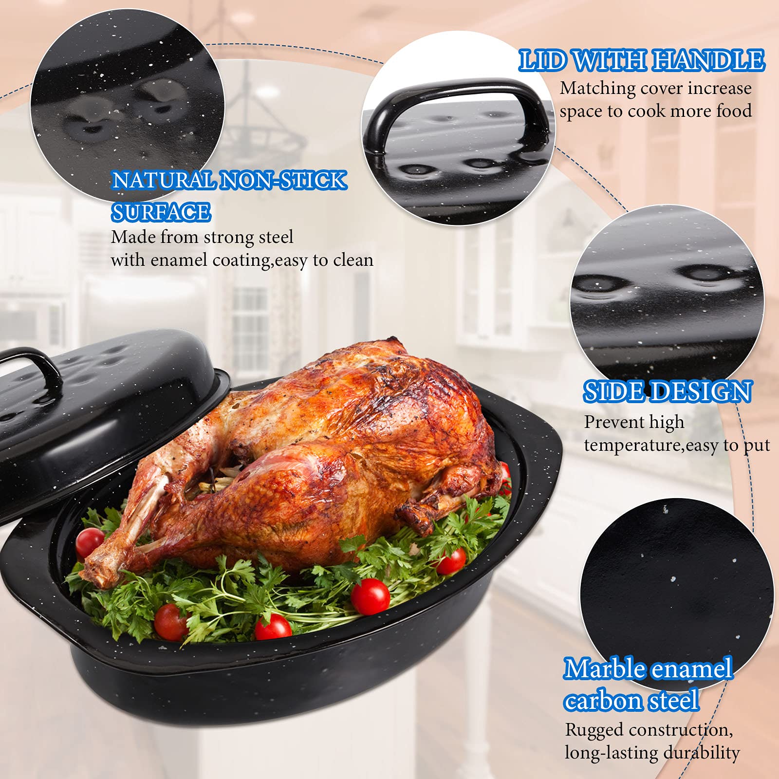 Laedau Granite Roaster Pan 13 Inch Multi Use Oval Roaster with Lid Small Granite Roaster Pot for Turkey, Small Chicken, Roast Baking Pan, Black Speckled Enamel Cookware, Roast 7 Lb Birds