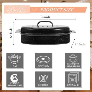 Laedau Granite Roaster Pan 13 Inch Multi Use Oval Roaster with Lid Small Granite Roaster Pot for Turkey, Small Chicken, Roast Baking Pan, Black Speckled Enamel Cookware, Roast 7 Lb Birds