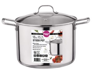 gourmet edge 16-quart stock pot - stainless steel soup pots with lid as dishwasher and oven safe cookware, silver