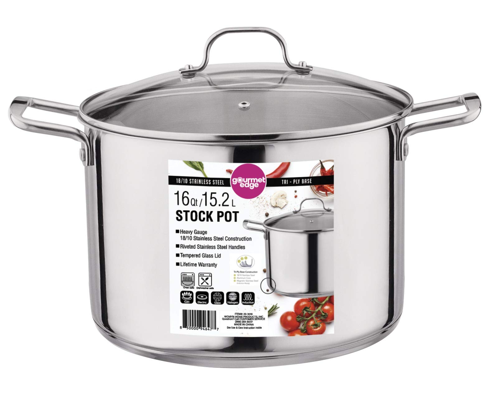 Gourmet Edge 16-Quart Stock Pot - Stainless Steel Soup Pots with Lid as Dishwasher and Oven Safe Cookware, Silver