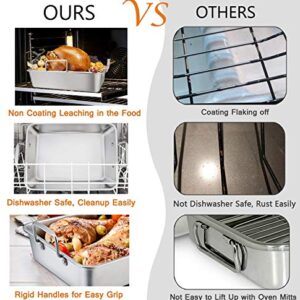 TeamFar Roasting Pan with Rack, 14 Inch Stainless Steel Turkey Roaster Lasagna Pan with V-Shaped Rack & Cooling Rack, Healthy & Durable, Brushed Surface & Dishwasher Safe, Rectangular - Set of 3