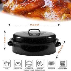 14.6 Inch Roaster Pan, Enamel Oval Turkey Roasting Pan with Domed Lid - Mother's Gift, Covered, Non-sticky, Free of Chemicals - Rôtissoire Chicken Meat Roasts Casseroles & Vegetables (14.6 Inch)