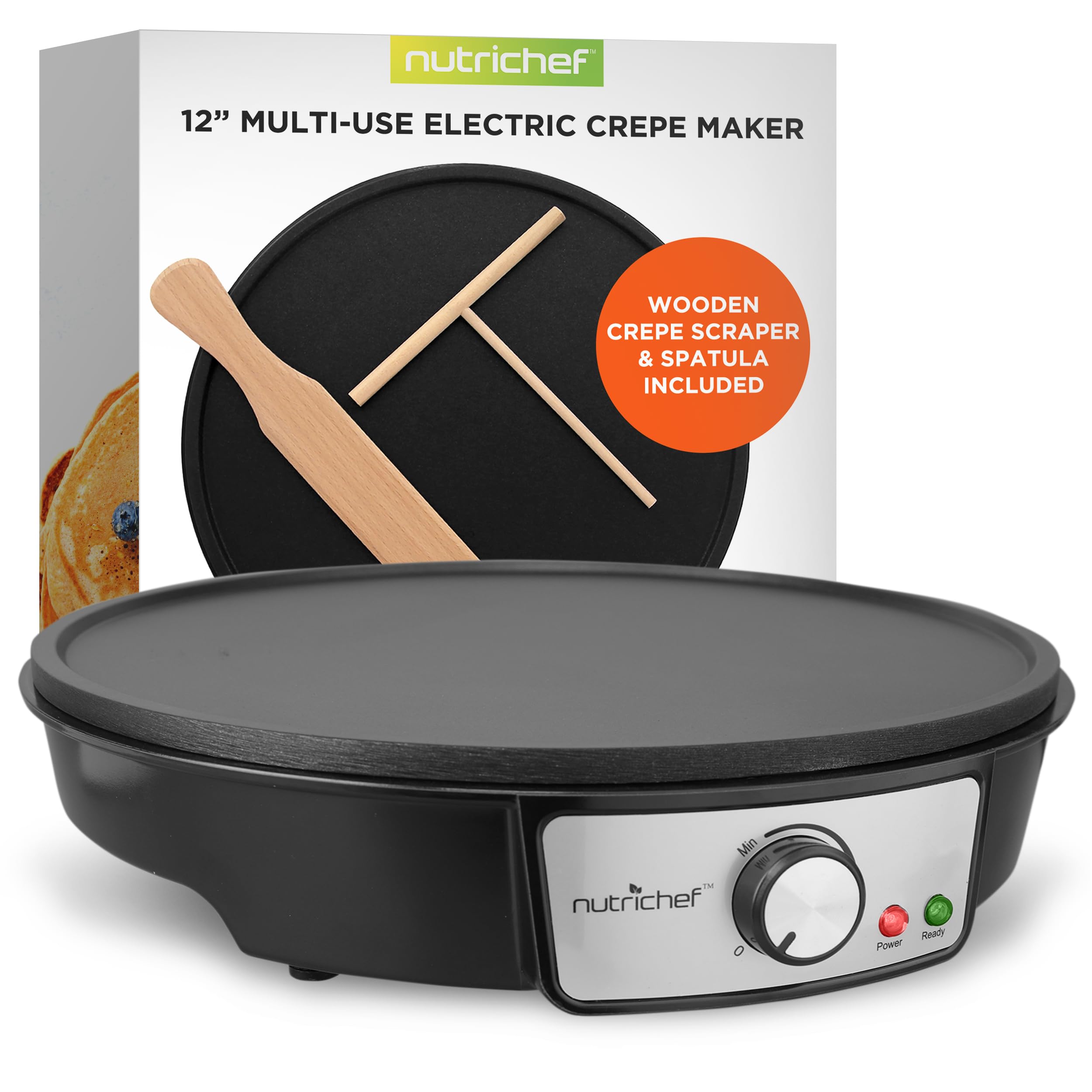 Electric Crepe Maker Pan & Griddle - 12 Inch Nonstick Cooktop - LED Indicators & Adjustable Temperature Control - Includes Spatula, Batter Spreader - Cooks Crepes, Roti & Pancakes