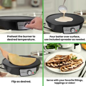 Electric Crepe Maker Pan & Griddle - 12 Inch Nonstick Cooktop - LED Indicators & Adjustable Temperature Control - Includes Spatula, Batter Spreader - Cooks Crepes, Roti & Pancakes