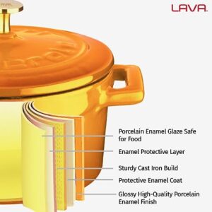 LAVA 7 Quarts Cast Iron Dutch Oven: Multipurpose Stylish Round Shape Dutch Oven Pot with Glossy Sand-Colored Three Layers of Enamel Coated Interior with Trendy Lid (Orange)