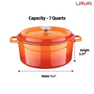 LAVA 7 Quarts Cast Iron Dutch Oven: Multipurpose Stylish Round Shape Dutch Oven Pot with Glossy Sand-Colored Three Layers of Enamel Coated Interior with Trendy Lid (Orange)
