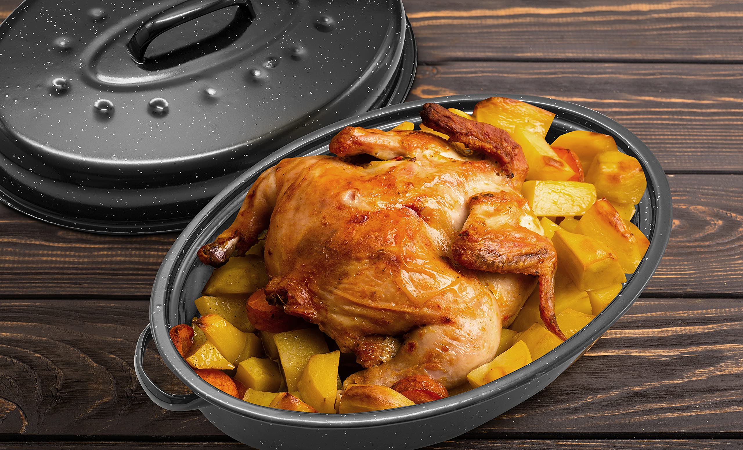 Eternal Living Granite Roasting Pans, Black (15" Oval Roaster Pan With Lid)