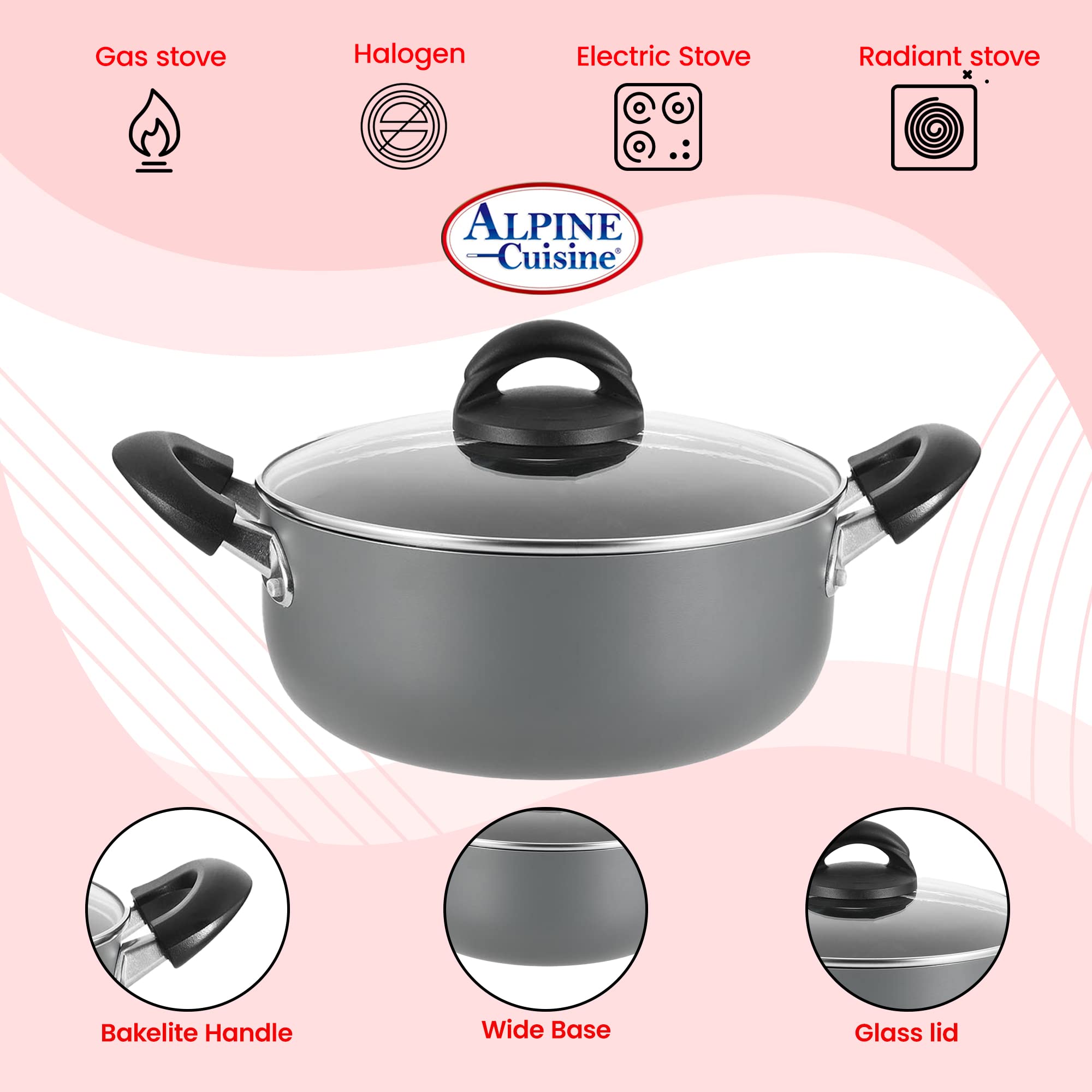 Alpine Cuisine Aluminum Nonstick Coating Dutch oven 4Qt Pot with Lid & Bakelite Handle, Suitable for Bread Baking & Roasting, Ideal for Family, Durable and Evenly Heated, Dishwasher Safe - Gray