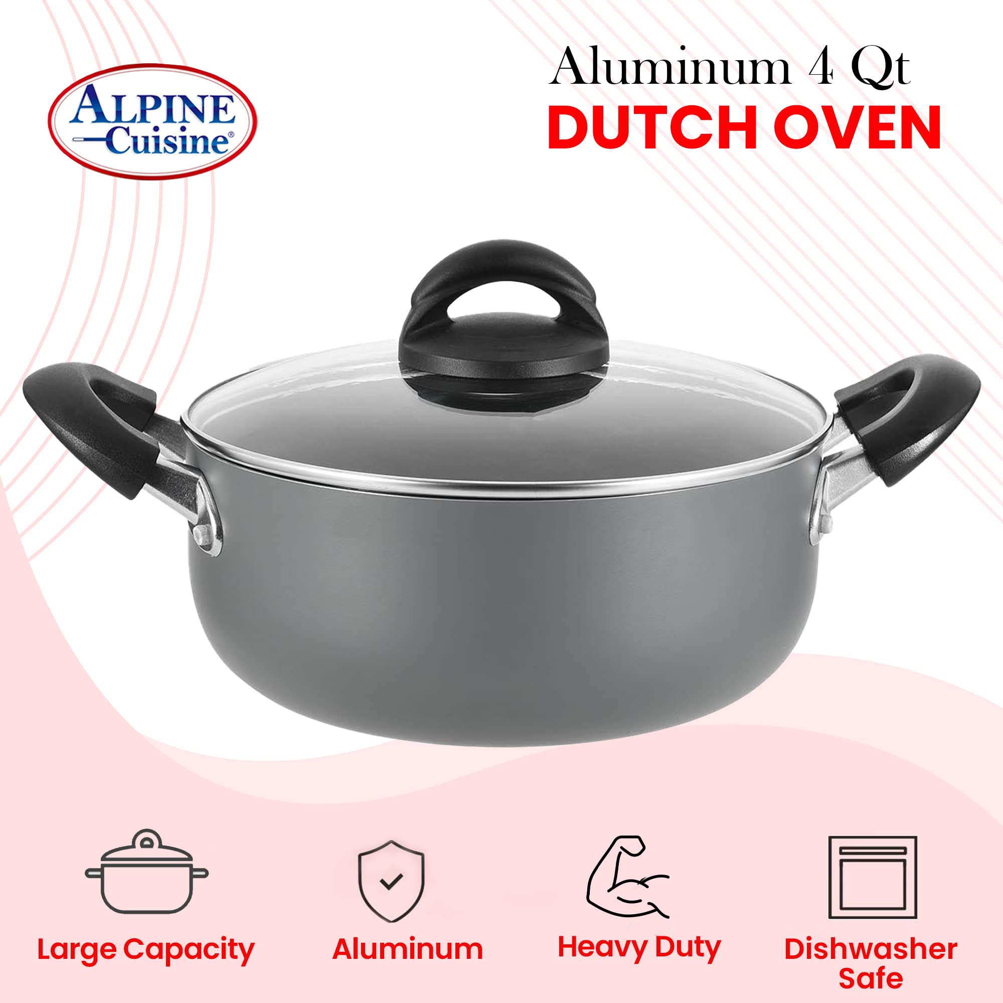 Alpine Cuisine Aluminum Nonstick Coating Dutch oven 4Qt Pot with Lid & Bakelite Handle, Suitable for Bread Baking & Roasting, Ideal for Family, Durable and Evenly Heated, Dishwasher Safe - Gray