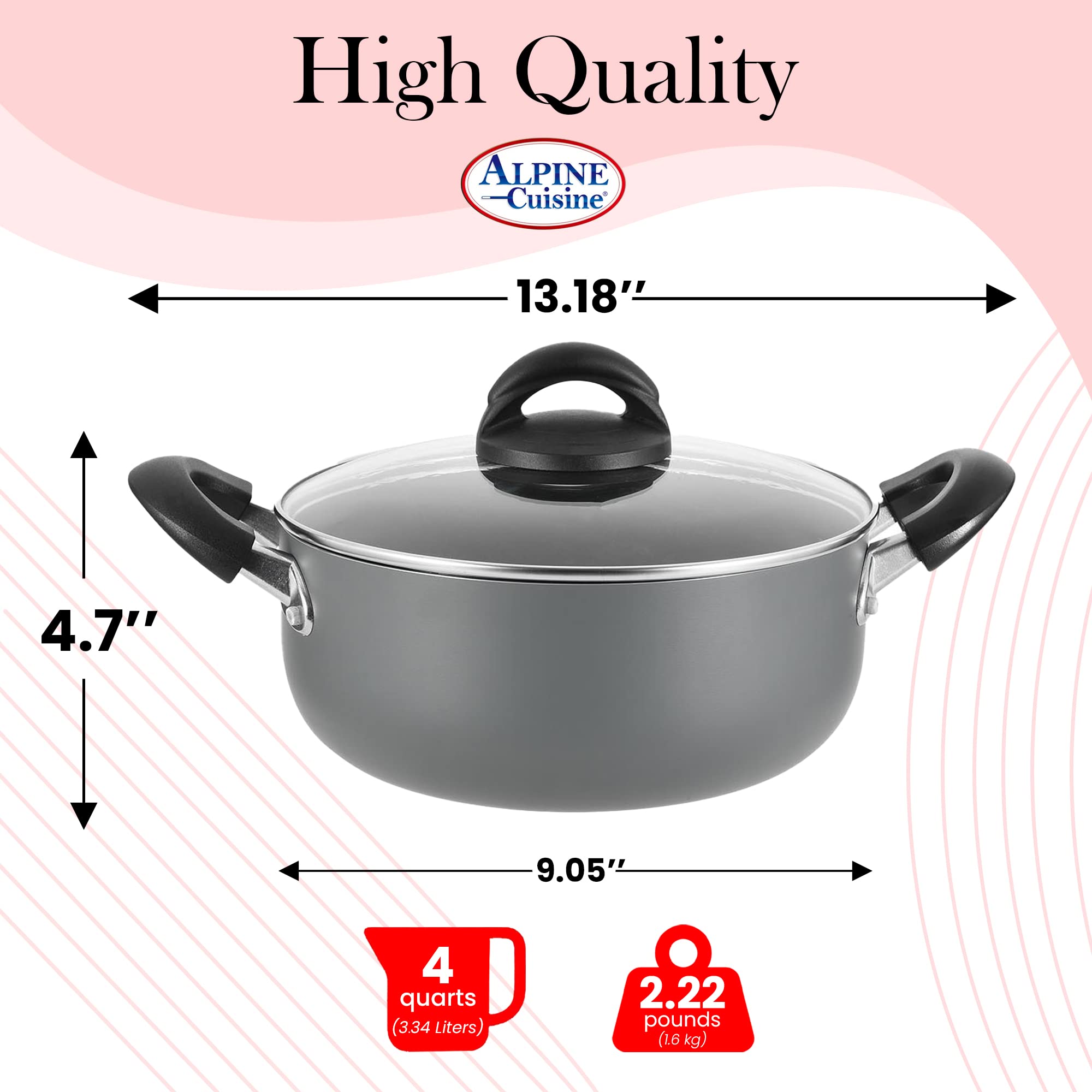 Alpine Cuisine Aluminum Nonstick Coating Dutch oven 4Qt Pot with Lid & Bakelite Handle, Suitable for Bread Baking & Roasting, Ideal for Family, Durable and Evenly Heated, Dishwasher Safe - Gray