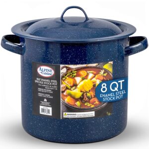 alpine cuisine enamel steel dark blue speckle stock pot 8-qt with lid, healthy cookware commercial grade stockpots, multi cooking pot for stew, sauce & reheat food, compatible for family meals