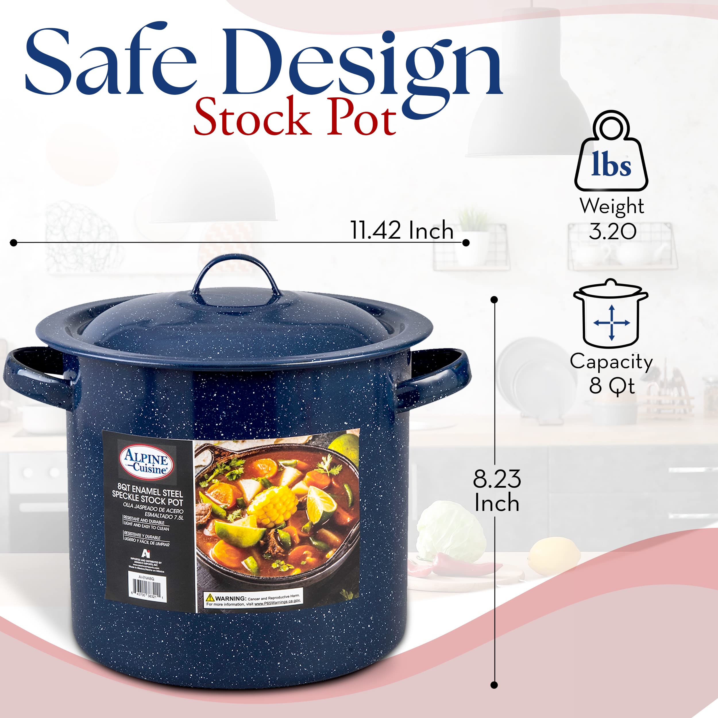 Alpine Cuisine Enamel Steel Dark Blue Speckle Stock Pot 8-qt with Lid, Healthy Cookware Commercial Grade Stockpots, Multi Cooking Pot for Stew, Sauce & Reheat Food, Compatible for Family Meals