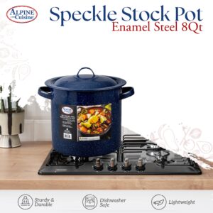 Alpine Cuisine Enamel Steel Dark Blue Speckle Stock Pot 8-qt with Lid, Healthy Cookware Commercial Grade Stockpots, Multi Cooking Pot for Stew, Sauce & Reheat Food, Compatible for Family Meals