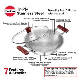 HAWKINS Triply 3 mm Stainless Steel Deep Fry Pan 2.5 LTR with Lid, Silver (SSD25G), Standard