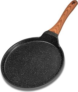 aoorun crepe pan, pancake pan, dosa tawa pan nonstick flat griddle frying skillet pan with granite coating & solid wood handle for omelette, tortillas, induction compatible, 10 inch