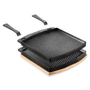 nutrichef cast iron reversible grill plate - griddle skillet flat grill pan for stove top - gas range grilling pan w/ 2 holder for electric stovetop, ceramic, induction - includes wood base