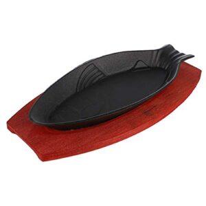 doitool fish shaped grill pan pre seasoned cast iron skillet with wooden base fish cast iron grill and serving pan fryer portable bbq pan plate baking tools,for cooktop,gas stoves,bbq etc