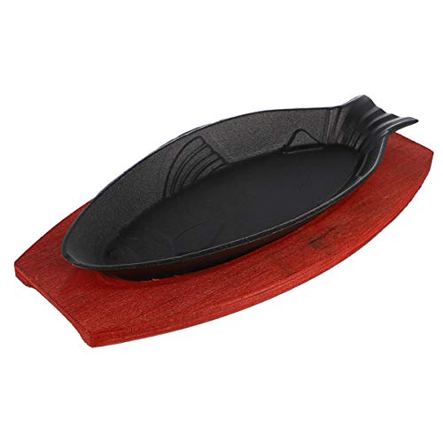 DOITOOL Fish Shaped Grill Pan Pre Seasoned Cast Iron Skillet with Wooden Base Fish Cast Iron Grill and Serving Pan Fryer Portable BBQ Pan Plate Baking Tools,for Cooktop,Gas Stoves,BBQ etc