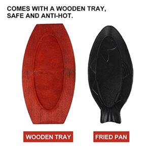 DOITOOL Fish Shaped Grill Pan Pre Seasoned Cast Iron Skillet with Wooden Base Fish Cast Iron Grill and Serving Pan Fryer Portable BBQ Pan Plate Baking Tools,for Cooktop,Gas Stoves,BBQ etc