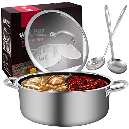 Panghuhu88 11inch Hot Pot with Divider Lid Stainless Steel Shabu Shabu Pot for Induction Cooktop Gas Stove Kitchen Cooker, Dual Sided Soup Cookware with 2 Soup Ladles