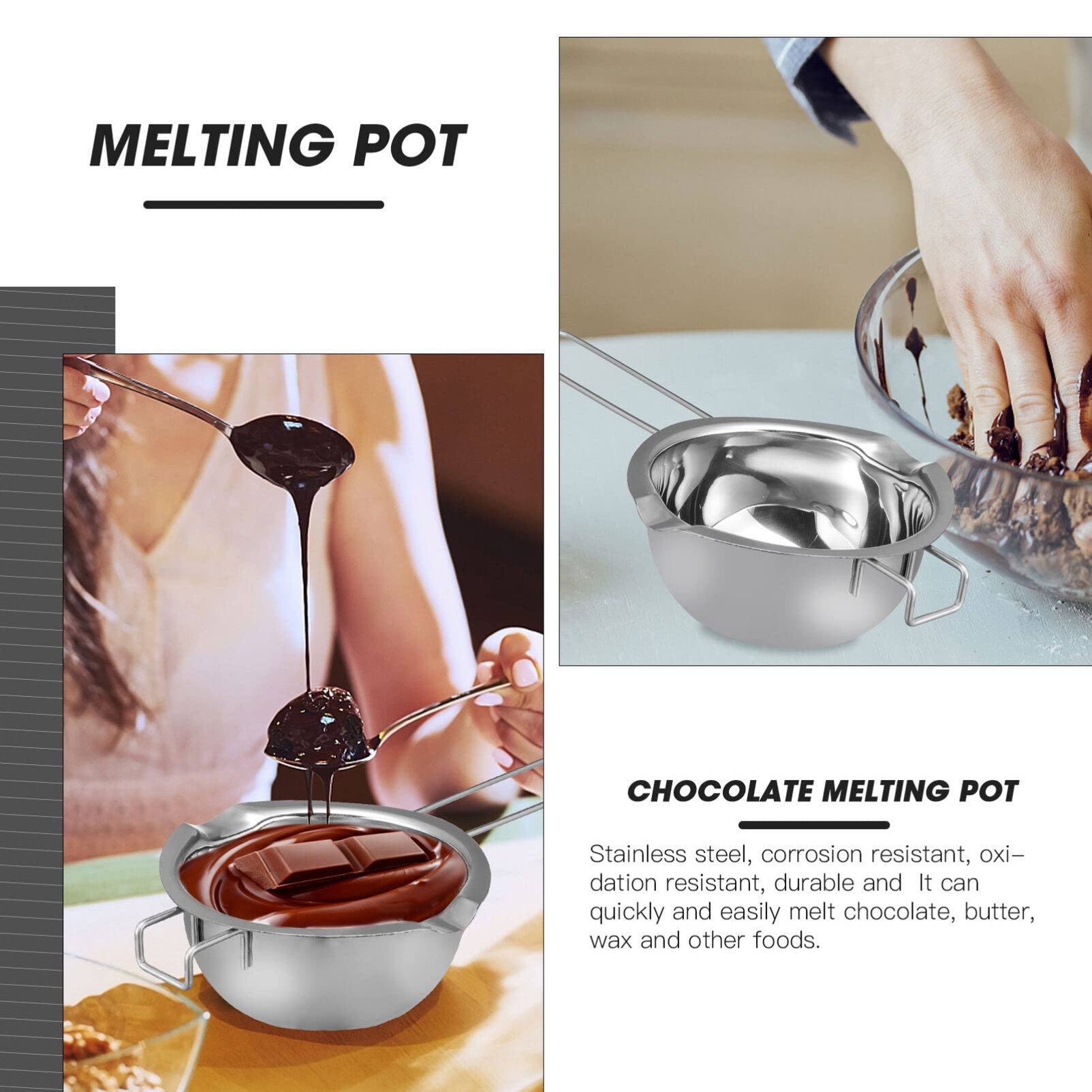 EXCEART 1 Set Double Boiler Pot Stainless Steel Water Boiling Melting Pot with Dual Pour Spout for Candle Butter Chocolate Cheese Caramel 400ml