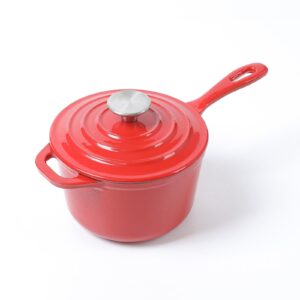hawok enameled cast iron mini saucepan, 1qt saucepan with lid and long handle, red