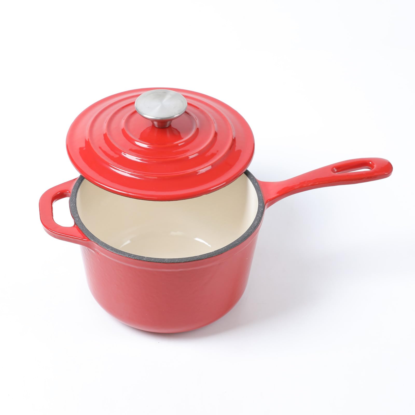 HAWOK Enameled Cast Iron Mini Saucepan, 1QT Saucepan with Lid and Long Handle, Red