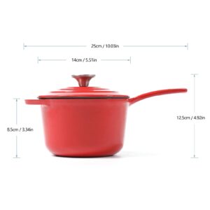 HAWOK Enameled Cast Iron Mini Saucepan, 1QT Saucepan with Lid and Long Handle, Red