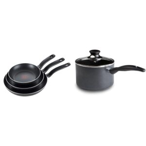 t-fal specialty 3 pc initiatives nonstick inside and out, 8'', 9.5'', 11'', black & specialty 3 quart handy pot with glass lid