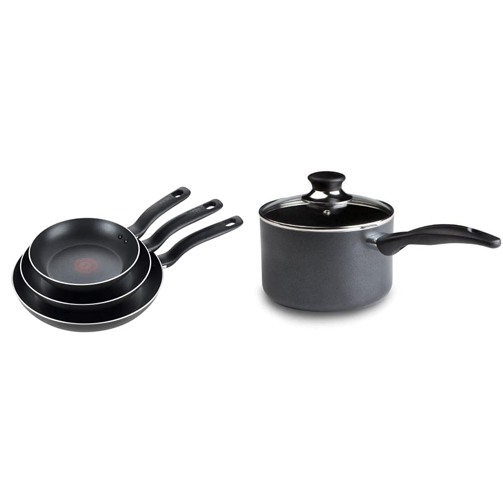 T-fal Specialty 3 PC Initiatives Nonstick Inside and Out, 8'', 9.5'', 11'', Black & Specialty 3 Quart Handy Pot with Glass Lid