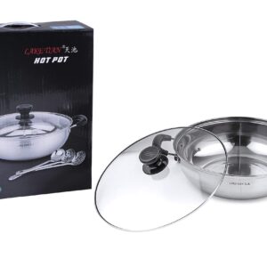 Lake Tian Stainless Steel Shabu Shabu Hot Pot, Dual Sided Yin Yang Hot Pot with Divider Include 3 Pot Spoons, 12 Inch 30 cm鸳鸯火锅