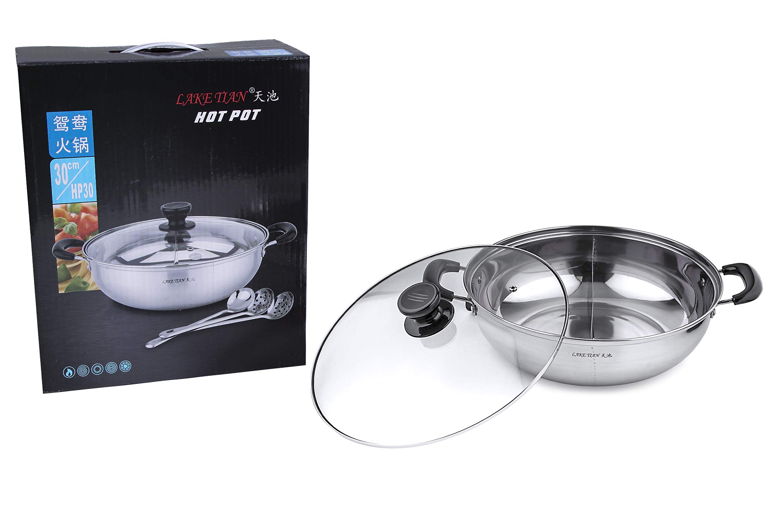 Lake Tian Stainless Steel Shabu Shabu Hot Pot, Dual Sided Yin Yang Hot Pot with Divider Include 3 Pot Spoons, 12 Inch 30 cm鸳鸯火锅