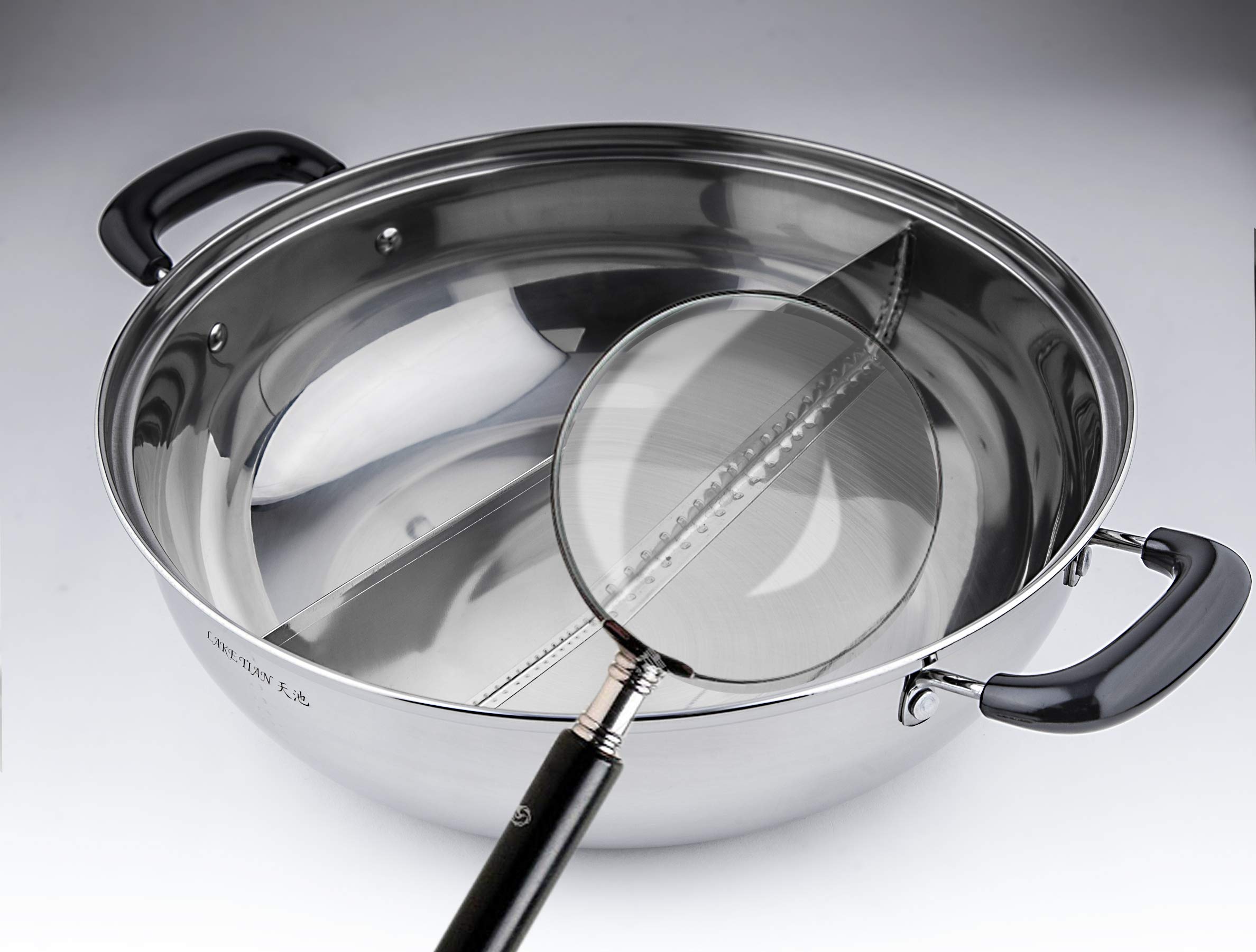 Lake Tian Stainless Steel Shabu Shabu Hot Pot, Dual Sided Yin Yang Hot Pot with Divider Include 3 Pot Spoons, 12 Inch 30 cm鸳鸯火锅