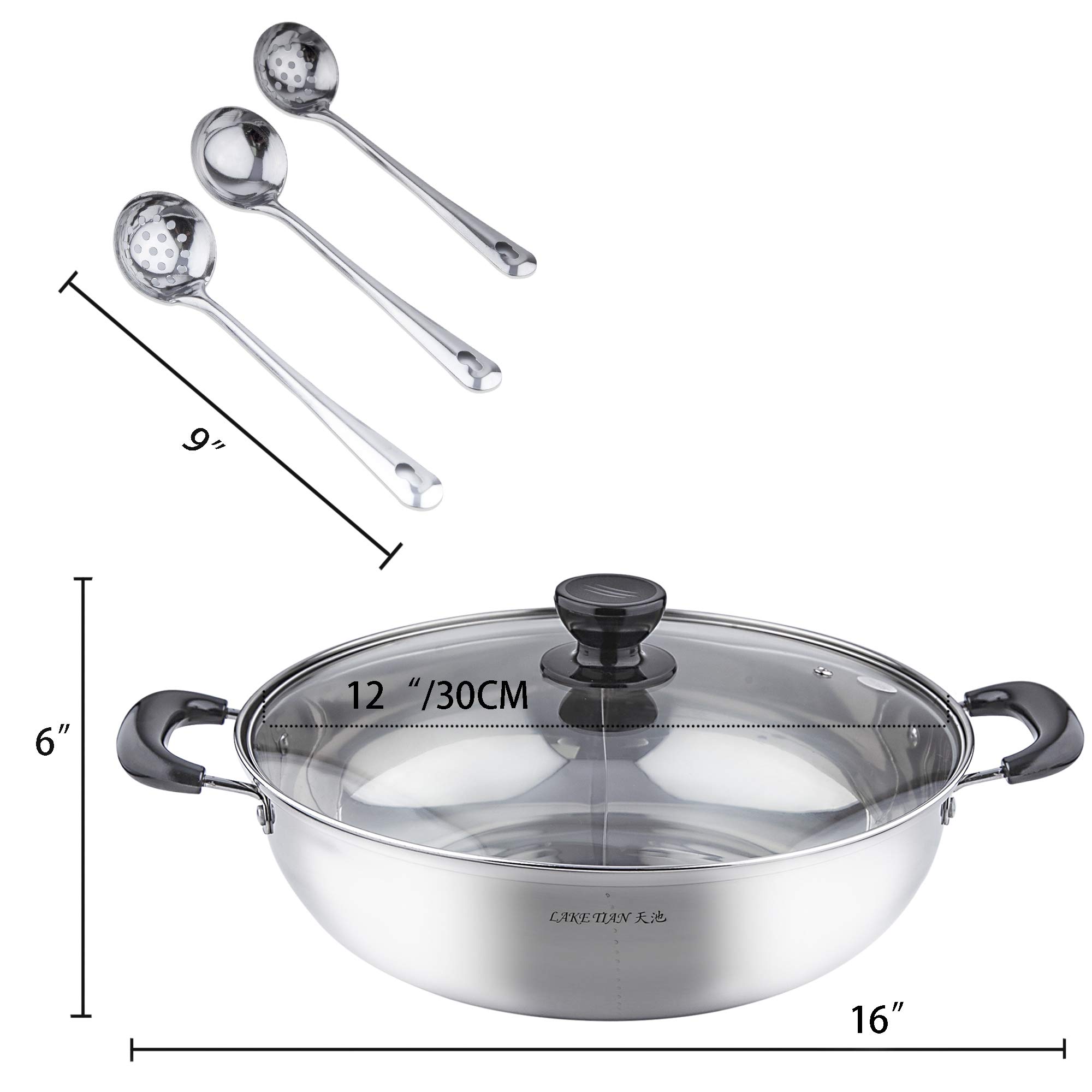 Lake Tian Stainless Steel Shabu Shabu Hot Pot, Dual Sided Yin Yang Hot Pot with Divider Include 3 Pot Spoons, 12 Inch 30 cm鸳鸯火锅