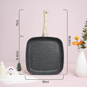 RUNHU Frying Pan, Granite Nonstick Omelet Pan, Durable Egg Pan, PFOA Free, Square Skillet Suitable for Gas Stove & Induction Cookware, 9 x 9.4 inch