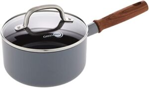 greenpan mayflower pro hard anodized healthy ceramic nonstick, 2qt saucepan pot with lid, vintage wood handle, pfas-free, induction, charcoal gray