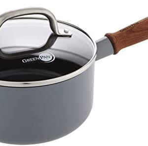 GreenPan Mayflower Pro Hard Anodized Healthy Ceramic Nonstick, 2QT Saucepan Pot with Lid, Vintage Wood Handle, PFAS-Free, Induction, Charcoal Gray