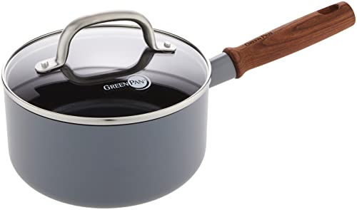 GreenPan Mayflower Pro Hard Anodized Healthy Ceramic Nonstick, 2QT Saucepan Pot with Lid, Vintage Wood Handle, PFAS-Free, Induction, Charcoal Gray