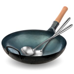 yosukata blue carbon steel round bottom wok pan 14" + 17’’ wok spatula and ladle - set of 2 heat-resistant wok tools - woks and stir fry pans