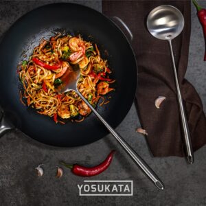 YOSUKATA Blue Carbon Steel Round Bottom Wok Pan 14" + 17’’ Wok Spatula and Ladle - Set of 2 Heat-Resistant Wok Tools - Woks and Stir Fry Pans