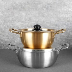 YARDWE Korean Ramen Noodle Pot Stainless Steel Ramyun Cooker with Double Handle and Lid Soup Stew Pot Stockpot Instant Cooking Bowl for Home Restaurant 18cm Golden