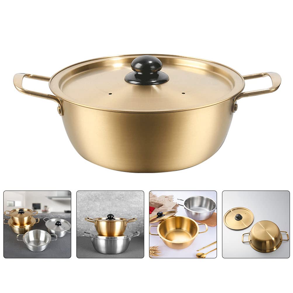 YARDWE Korean Ramen Noodle Pot Stainless Steel Ramyun Cooker with Double Handle and Lid Soup Stew Pot Stockpot Instant Cooking Bowl for Home Restaurant 18cm Golden
