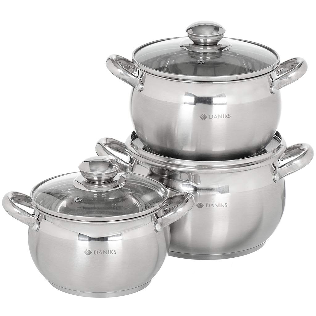 Daniks Classic Stainless Steel Kitchen Induction Pot Cookware Set | 6-Piece | Dishwasher Safe Pots with Lid | 2 Quart + 3 Quart + 4 Quart | Measuring Scale | Silver